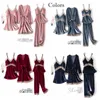 JULY'S SONG Femmes Velours 4 Pièces Pyjamas Ensembles Sling Sexy Dentelle Vêtements De Nuit Hiver Automne Pyjama Avec Poitrine Pad Vin Rouge Robe 210830