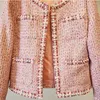 Fashion Beaded Coat Womens Autumn Winter Korean Style Single-breasted Long Sleeve Slim Fit Elegant Tweed Pink Jacket