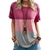 Damskie Letni Kolor Block Topy Tee Casual Krótki Rękaw Tshirts Luźne Top Pullover Panie O-Neck Passed Patchwork Tee Y0629