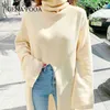 Genyayoo Womens Turtleneck Pullover Sweater manga comprida Vintage Solta malha suéter Split Sólido Longo Jumper Ladies Estilo Coreano 210809