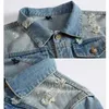 Men's Denim Jacket Korean Style Trendy Mind Blue Hole Coat Jeans Large Size Light-colored 210811
