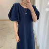 Women Blue Minimalism Vintage Elegant Robe Dress Round Neck Short Puff Sleeve Loose Fashion Summer 16W907 210510