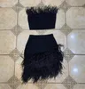 Summer Style Women Sexy Strapless Backless Feather Black Two Piece Bandage Set Celebrity Designer Fashion Women's 210525