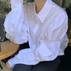 Camisa blanca elegante para mujer, camisas de manga larga abullonadas para mujer, cuello vuelto plisado, botonadura única, primavera Retro de gran tamaño 210518