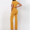 Knitted Short sleeve jumpsuit romper o-neck crop top wide leg pants Casual 2 piece set female women tops pants sets women suits 210415