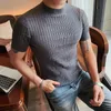 Мужские свитера 2022 Осенняя вязаная футболка Мужская Слим Свитер с коротким рукавом наполовину водонека