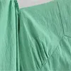 Women Tied Cropped Za Blouses Short Puff Sleeve Backless Sexy Summer Top Back Crossed Spaghetti Straps Vintage Green Shirt 210602