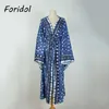 Foridol Borboleta Impressão Bohemian Oversized Beach Dress Cover-Ups Nova Feriado Feriado Swimsuit Azul Cobertura Up Robe Kimono Vestido 210415