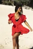 Frauen Sexy V-ausschnitt Bikini Cover Up One Size Kurzarm Lose Badeanzug Tunika Solide Rot Beachwear Strand Sarongs