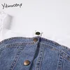 Yitimuceng Patchwork Denim Bluzka Kobiety Przykład Top Przycisk Puff Sleeve Square Collar Koszulki Letnie Koreańskie Mody Topy 210601