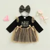 Tjejs klänningar Toddler Baby Girl Höstklänning Långärmad Rund Neck Brev Skriv ut Tulle Patchwork Princess med huvudband