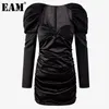 [EAM] femmes noir plis évider robe col carré manches longues bouffantes coupe ample mode printemps automne 1DD6946 21512