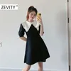 Kobiety Sweet Agaric Koronki Biały Peter Pan Collar Patchwork Knitting Black Mini Dress Kobieta Krótki Rękaw Vestido DS4586 210420