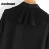 Chic Rüschen Schwarze Bluse Frauen Langarm Dame Elegante Hemden Drehen Unten Kragen Solide Tops Frühling Herbst Blusas Mujer 210413