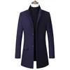 Mäns Vin Röd Ull Trench Coat Vinter Varumärke Lång Trench Coat Men Stand Collar Slim Fit Business Pea Overcoat Man 4XL 210522