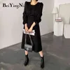 Beiyingni Süet MIDI Elbiseleri Kadınlar Için Katı Renk Sashes Siyah Uzun Kollu Kore Tarzı A-Line Elbise Kadınlar Vintage Vestidos Y1204