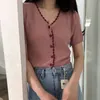 Korejpaaの女性Tシャツ夏の韓国の遊び心のあるレトロなVネックボーダーコントラストシングルブレスト半袖ニットカーディガン210526