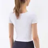 L053 Vneck Yoga Tops Sleeve Short Femme039s Tshirt Femelle Slim Fitness Wear Running Yoga Couleur solide Couleur respirante Gym Clo3136337