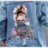 Höst Kvinnors Denim Jack Jeans Coat Print Chic Harajuku Frayed Beaded Short Coat Casual Loose New Spring Ladies Jacket 210422