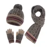 Unisex inverno 3 pcs pompom beanie chapéu longo lenço xales luvas conjunto geométrico floral jacquard