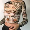 Estetyczne Y2K Khaki Crop Tops Koszula Vintage Kobiety Sexy Slim Bodycon Koreański Z Długim Rękawem Turtleneck Gothic Streetwear Indie Women's T-Shir