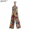 Zevity Women Tropical Floral Print Wide Ben Byxor Halter Jumpsuits Chic Lady Sexig Backless Side Zipper Casual Rompers P1134 210603