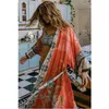 Bohemian Impresso Auto Belted Solto Summer Beach Tunic Plus Size Longo Kimono Mulheres Wear Casual Maxi Vestido N996 210915