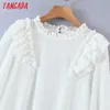 Tangada Women Retro Ruffles Embroidery Romantic Blouse Shirt Long Sleeve Chic Female Shirt Tops RB09 210609