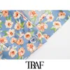 Traf Women Fashion Floral Print Wrap Craped Bluses Vintage Puff Sleeve Side Bow bundna kvinnliga skjortor Blusa Chic Tops 210415