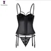 Sangle Femmes Faux Cuir Sexy Dentelle Florale Désossé Overbust Corset Noir Taille Bustier Cincher Top Bodyshaper