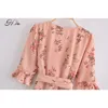 H.SA Women Summer V-Neck Sleeve Ruffles Casual Short Mini A-Line Boho Beach Loose Dress Pink Sashes 210417