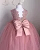 Girl's Dresses Pink Flower Girl For Weddings Ball Gown Scoop Tulle Beaded Bow Backless Long First Communion Little Girls