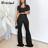 Survêtement Femmes Ensembles Plus Taille Costume Deux Pièces Été Solide À Manches Courtes Crop Top Et Pantalon Flare Ensemble Tenue Vêtements Pour Femmes 210513