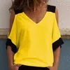 Tシャツステッチの不規則コントラストカラーオフショルダーファッションVネック女性夏カジュアルな新しいスタイルビッグサイズルーズTシャツY0629