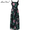 Designer de moda Lace Up Dress Verão Vestido Mulheres Vintage Rosa Floral-Print Férias Espaguete Spaghetti Strap Vestidos 210524