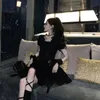 Japon Vintage Harajuku Zarif Koyu Siyah Elbiseler 2020 Yaz Tatlı Seksi Lace Up İnce Kare Yaka Puff Sleeve Drfemale X0529