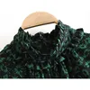 ビンテージシックな緑の花のプリントドレス女性のファッションOネックドレスバックジッパーエレガントな女性長袖ミニ210531