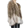 Kadınlar Yelekler Tarzı Doğal Raccoon Ceket Kadın Örme Gerçek Kürk Mücevher W Hit Renk Yuvarlak Boyun Sıcak Giacca Donna'da Pelle Vera