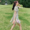 Sukienki na co dzień kobiety słodka śliczna sukienka koreański styl moda wysoka talia zasznurować Temperament kwadratowy kołnierzyk kwiecisty nadruk lato