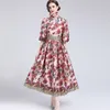 Women's Runway Dresses O Neck Half Sleeves Floral Printed Ruched Elegant Mid Dress Vestidos