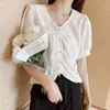 Pleated Short Sleeve Summer Chiffon Shirt Top Loose Women Shirts Blouses V-neck Office Casual White Blouse Femme Blusas12969 210508
