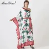 Spring Women Lace up Dress One-shoulder Irregular Collar Floral-Print Cascading Ruffle Vacation Party Maxi Dresses 210524