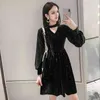 Autunno Velluto Primavera Ragazze Abito vintage femminile Manica lunga Oversize Abiti donna Nero sexy Boho Robe Vestido 210417