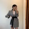 Renk-Bloked Ekose Kebli Kadın Blazer Suit Ceket Bahar Tam Kollu Çentikli Yaka Tek Göğüslü Kore Ceket Tops 210513