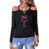 Women's T-Shirt Christmas Women Clothing Off Shoulder Sequins Wine Glass Print Autumn Winter T Shirt Long Sleeved Round Neck Casual Top