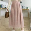 Korea Style Women Mesh Printed Skirt Femme Jupe Hög midja Lösa Pläterade Midlängd Långkjolar 210524