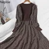 Neploe Temperament Floral Dress Women Patchwork Knit Single Breasted Vestidos Fashion Pocket Robe Vintage Maxi Dresses Female 210422