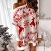 Kvinnor Jul av axeltröja Klänning Höst Vinter Långärmad Stickad Utskrift Casual Pullover Oversized Mini Dresses 210416