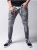 Männer Bleistift Hosen Slim Fit Knie Löcher Hip Hop Skinny Jeans Mode Seite Weiß Streifen Distressed Ripped Stretch Streetwear Denim X0621