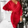 Fashion Spring Sexy Wrap Dress Women V-Hals Strikkad Kvinna Baklösa Vintage Loose Red Es För Vestidos 12833 210512